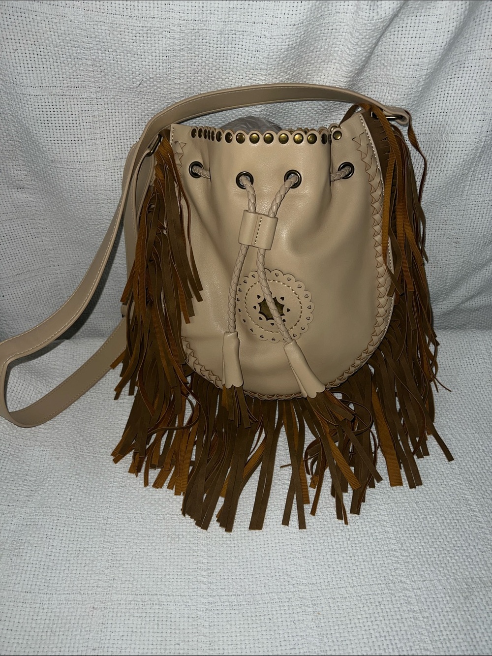 Fringed Bucket Crossbody Bag in Beige and Brown